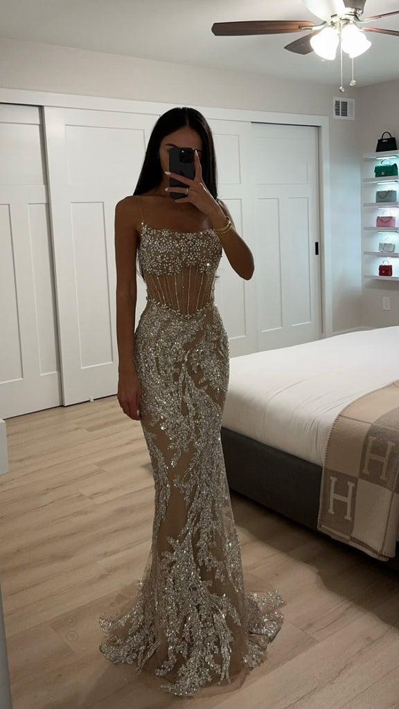 FULLY EMBELLISHED CRYSTAL NUDE GOWN Nude-Silver / 2 FULLY EMBELLISHED CRYSTAL NUDE GOWN Nude-Silver / 2