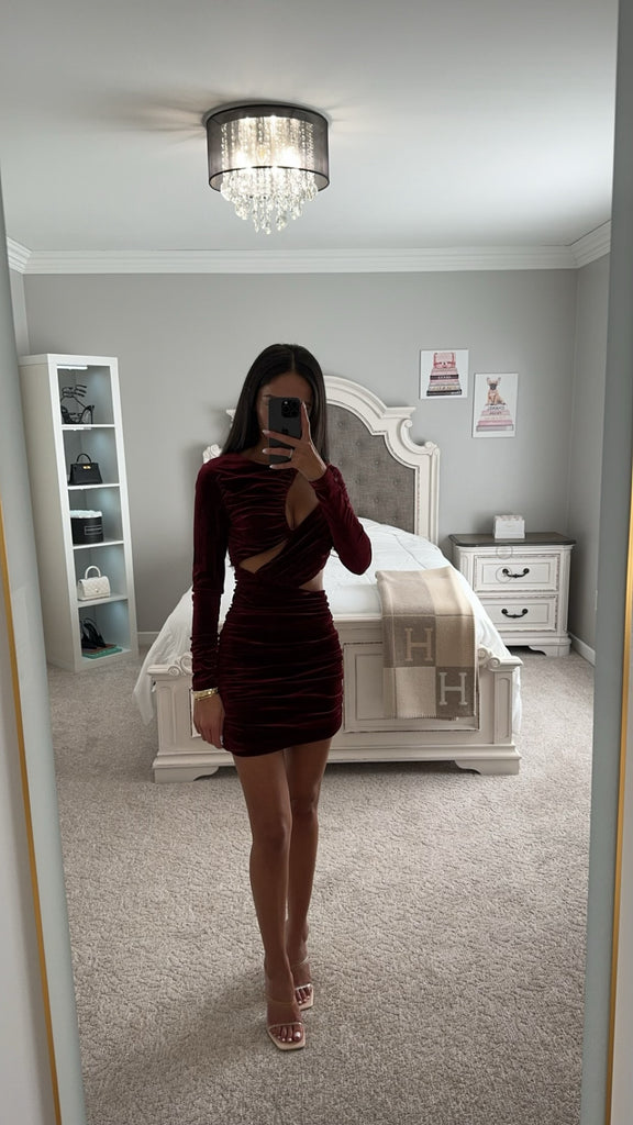 Burgundy Velvet Cut Out Mini Dress Burgundy Velvet Cut Out Mini Dress