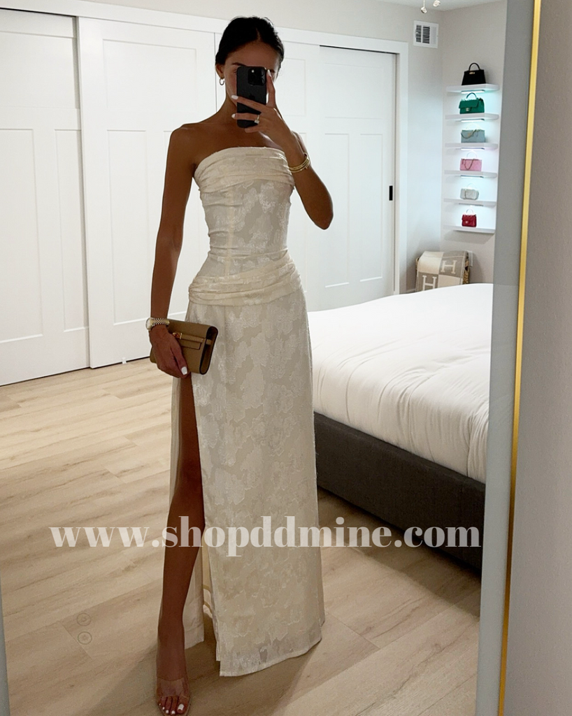 Xatia Off White Jacquard Textured High Slit Maxi Dress Xatia Off White Jacquard Textured High Slit Maxi Dress