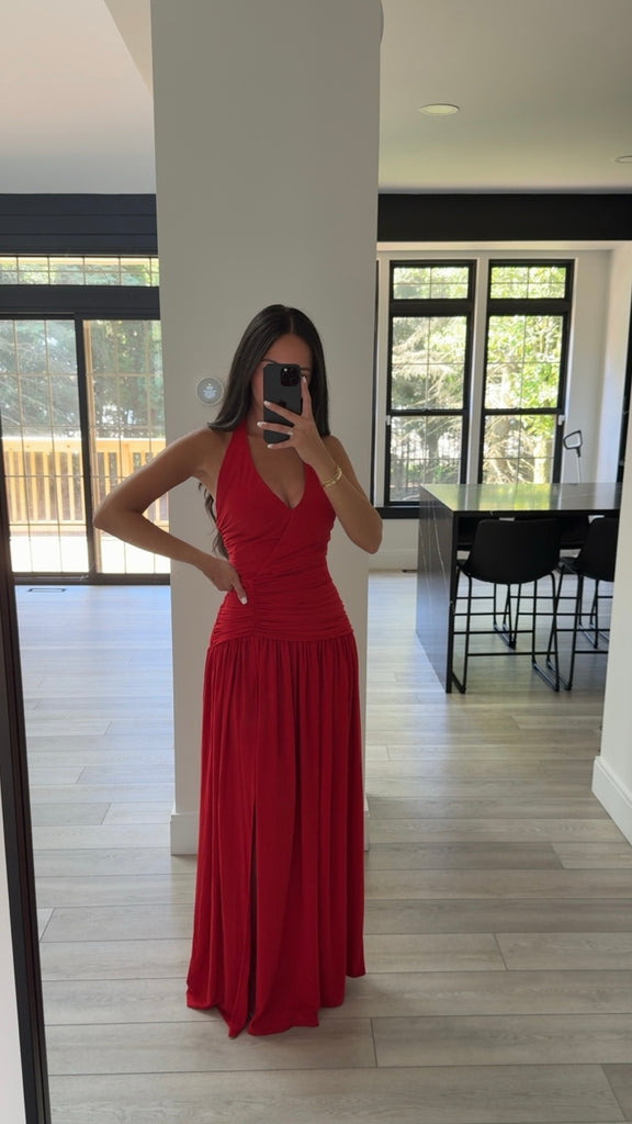 RUCHED HALTER DROP WAIST MAXI DRESS Small / Red RUCHED HALTER DROP WAIST MAXI DRESS Small / Red