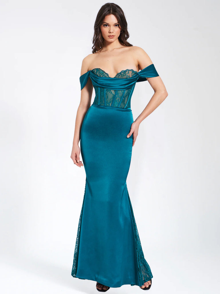 CALLISTA TEAL SATIN LACE CORSET MAXI DRESS XXS