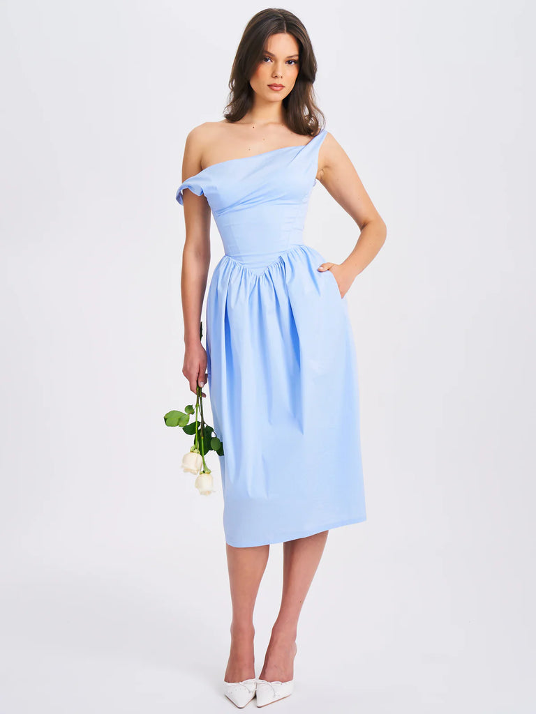 Reina Blue Drop Waist Corset Midi Dress Reina Blue Drop Waist Corset Midi Dress