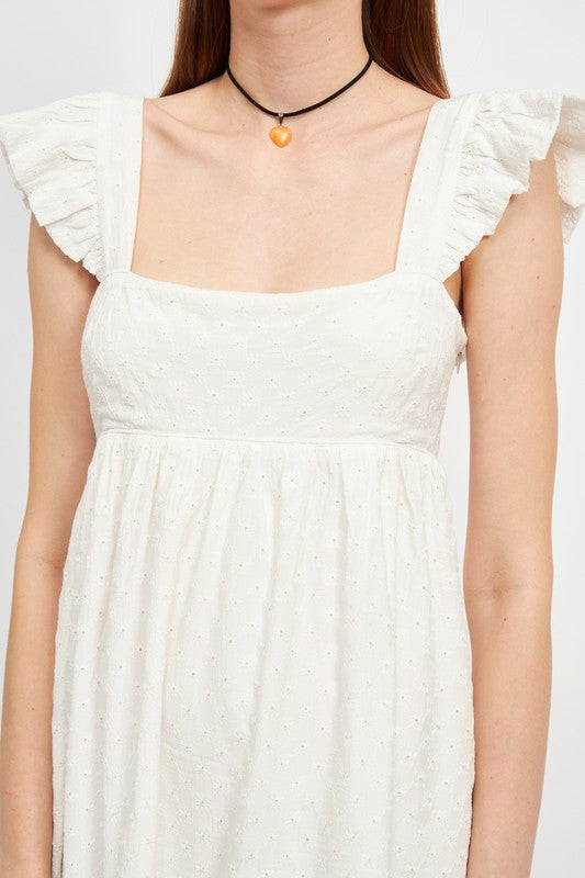 SQUARE NECK FLUTTED SLEEVE MINI DRESS OFF White / L