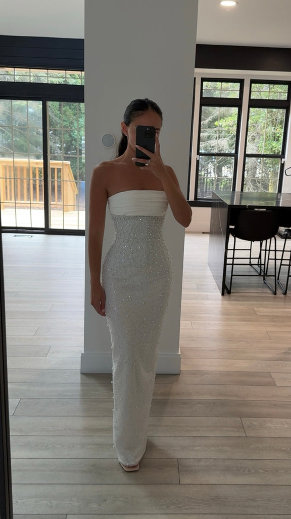 LAINEY WHITE SATIN SEQUIN PEARL BEADED MAXI DRESS SHOP DDMINE LAINEY WHITE SATIN SEQUIN PEARL BEADED MAXI DRESS SHOP DDMINE