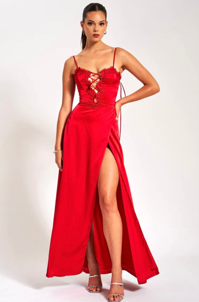 ruby red satin dress Ruby Red Satin Ballgown Dress With Lace Up Back And V Neck