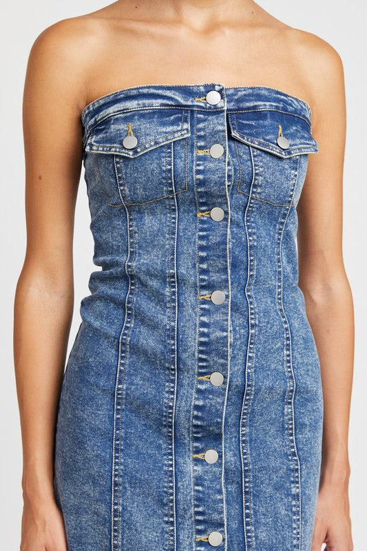 Button Down Tube Denim Dress Denim / M