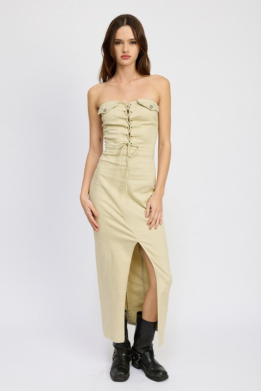 LACE UP CORSET DRESS WITH FRONT SLIT NATURAL / S LACE UP CORSET DRESS WITH FRONT SLIT NATURAL / S