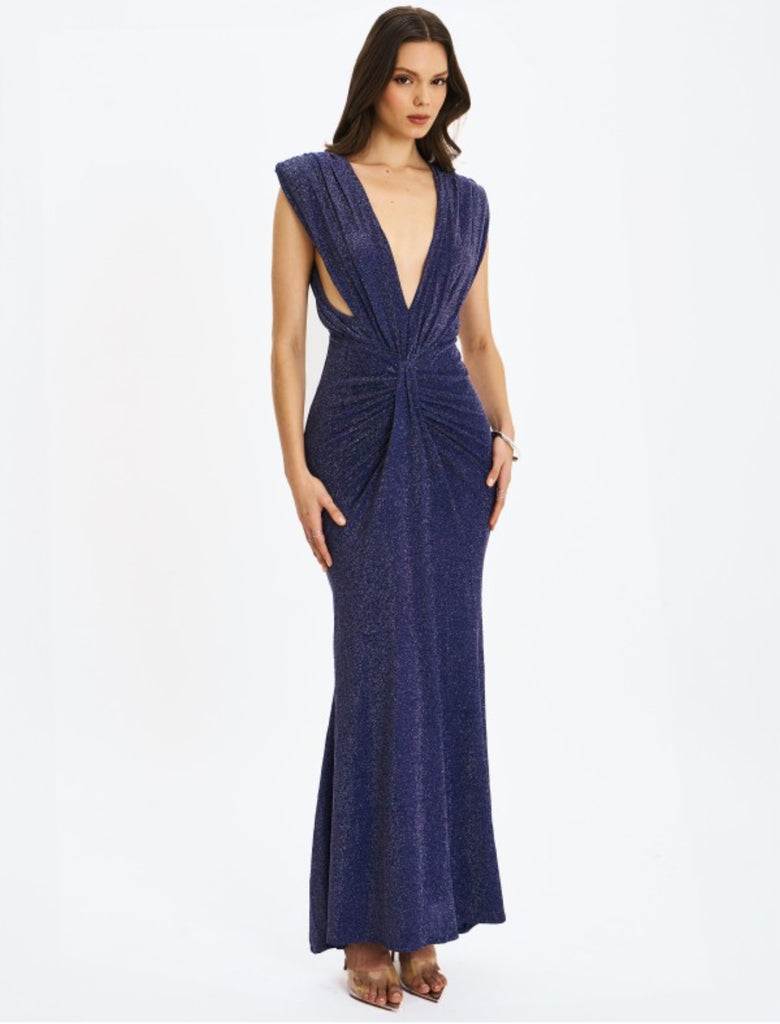 Terri Navy Sparkle Plunging Backless Maxi Dress SHOP DDMINE Terri Navy Sparkle Plunging Backless Maxi Dress SHOP DDMINE