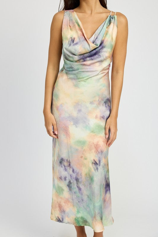 Cowl Neck Midi Bias Dress Multi Peach / M