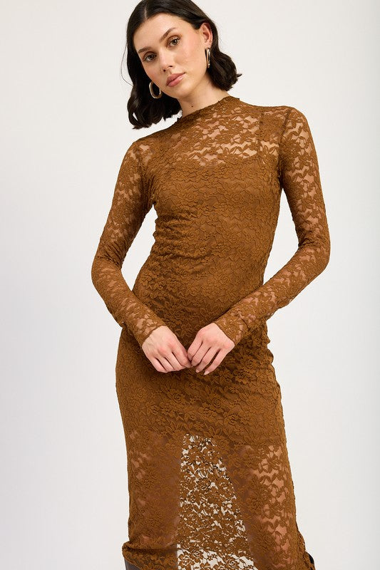 lace mock neck midi dress MOCK NECK MIDI LACE DRESS COFFEE / S