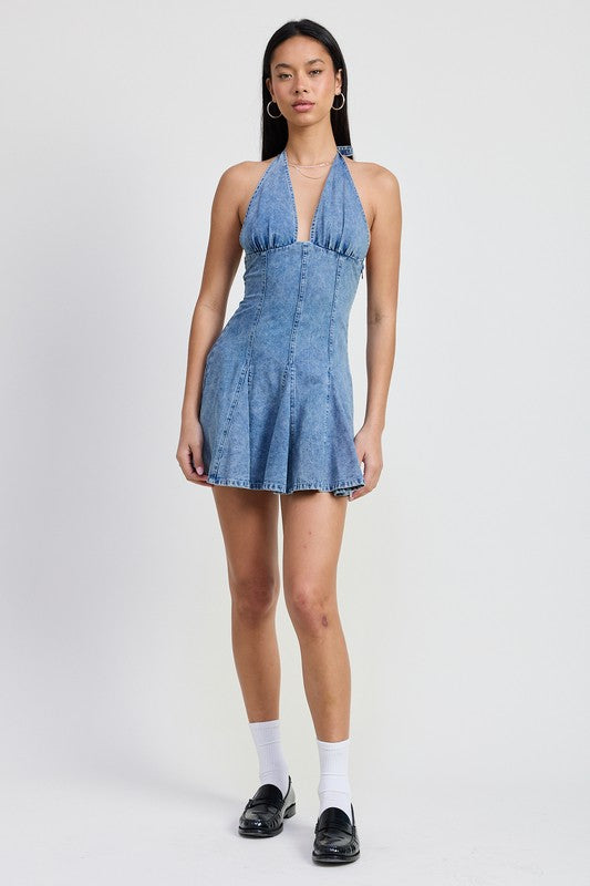 MINI HALTER NECK DENIM DRESS DENIM / L