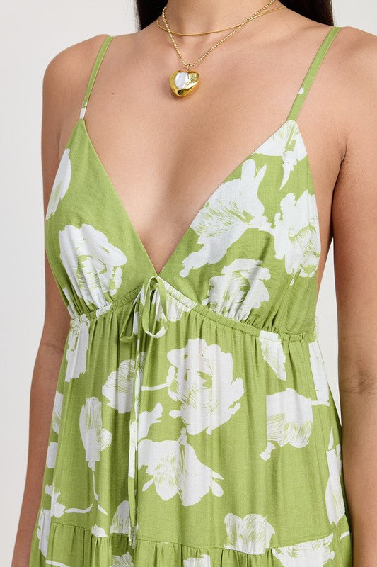 Floral Maxi Spaghetti Strap Flare Dress Avocado / L
