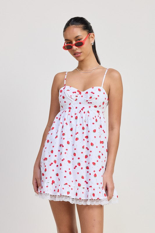 EMPIRE WAIST BABY DOLL MINI DRESS RED FRUIT PRINT / M EMPIRE WAIST BABY DOLL MINI DRESS RED FRUIT PRINT / M
