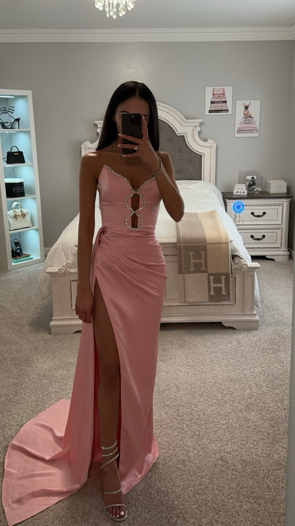 MARILYN PINK SATIN CORSET EMBELLISHED HIGH SLIT GOWN – SHOP DDMINE