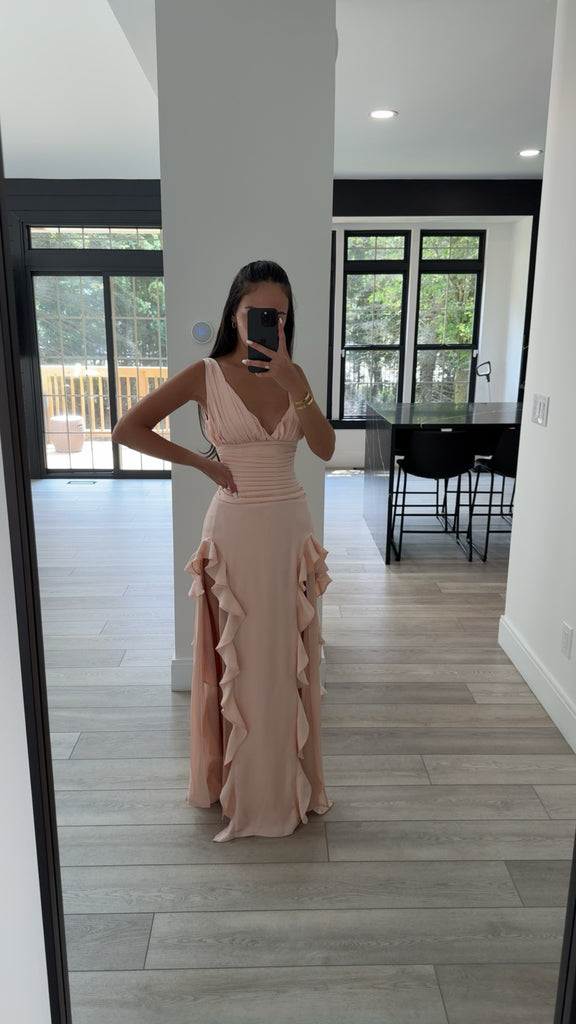 Women Talyssa Baby Pink Ruched Waist Double High Slit Maxi Gown Women Talyssa Baby Pink Ruched Waist Double High Slit Maxi Gown