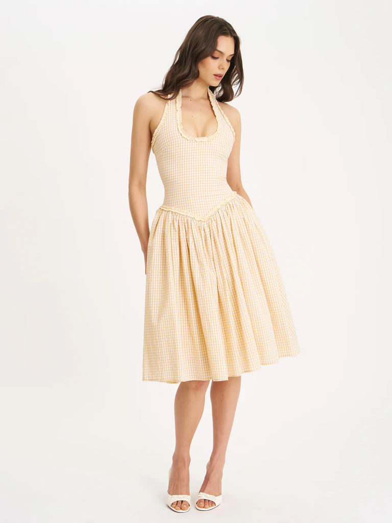 Idella Yellow Gingham U Neck Midi Dress – SHOP DDMINE
