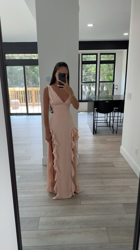 strapless open back dress Talyssa Baby Pink Ruched Waist Double High Slit Maxi Gown – SHOP DDMINE