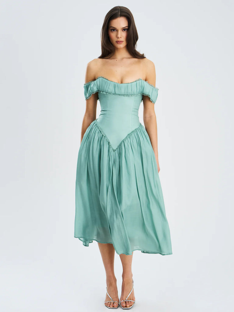 Xavy Teal Green Off Shoulder Corset Midi Dress - Xs / US 2 Xavy Teal Green Off Shoulder Corset Midi Dress - Xs / US 2