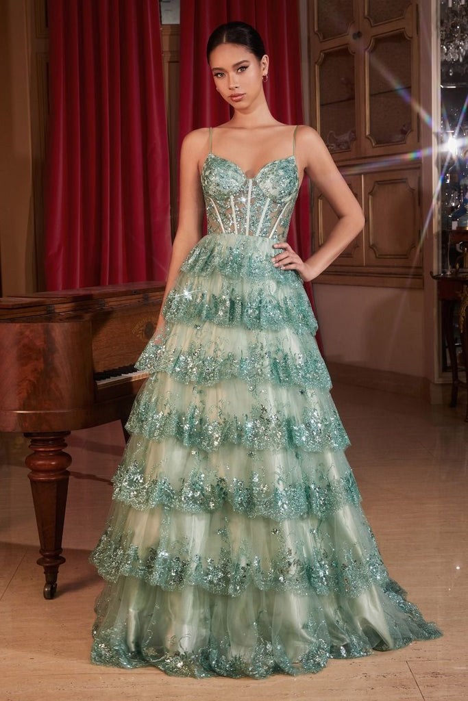 layered sequin dress Elegant Green Pretty Sequin Dress and Tiered Evening Gown with Off-Shoulder Ruffled Bodice