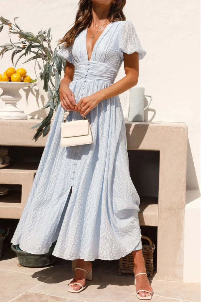 v neck puff sleeve midi dress Lime Ruffle V-Neck Puff Sleeve Waist Pleated Midi Dress