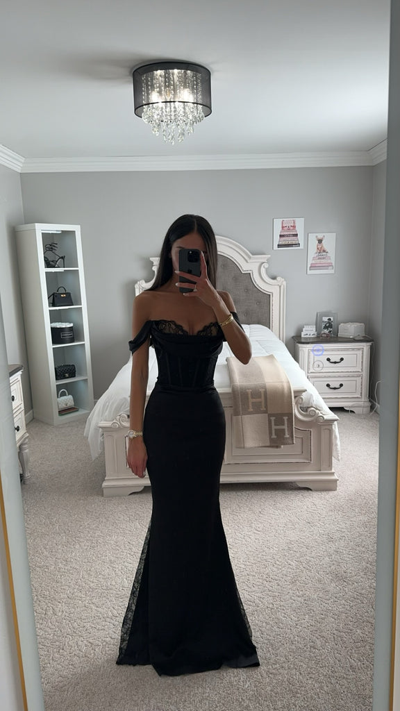 CALLISTA BLACK SATIN LACE CORSET MAXI DRESS – SHOP DDMINE