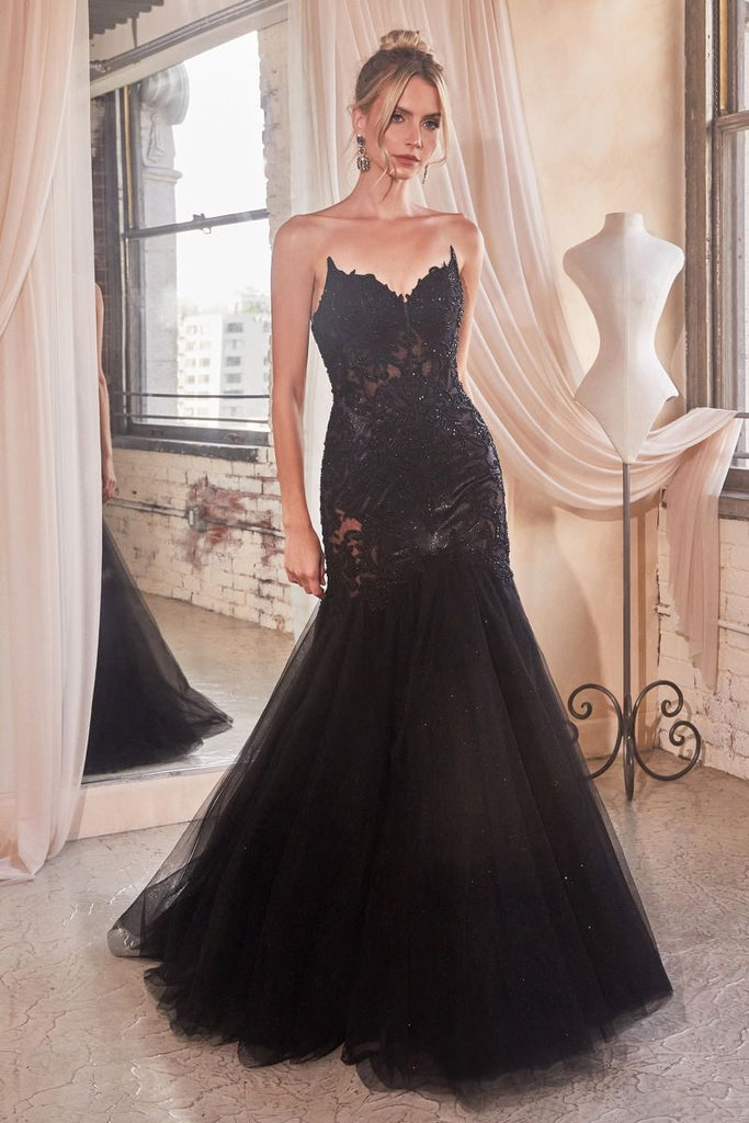 Strapless Lace Tulle Mermaid Gown Black / 4 Strapless Lace Tulle Mermaid Gown Black / 4