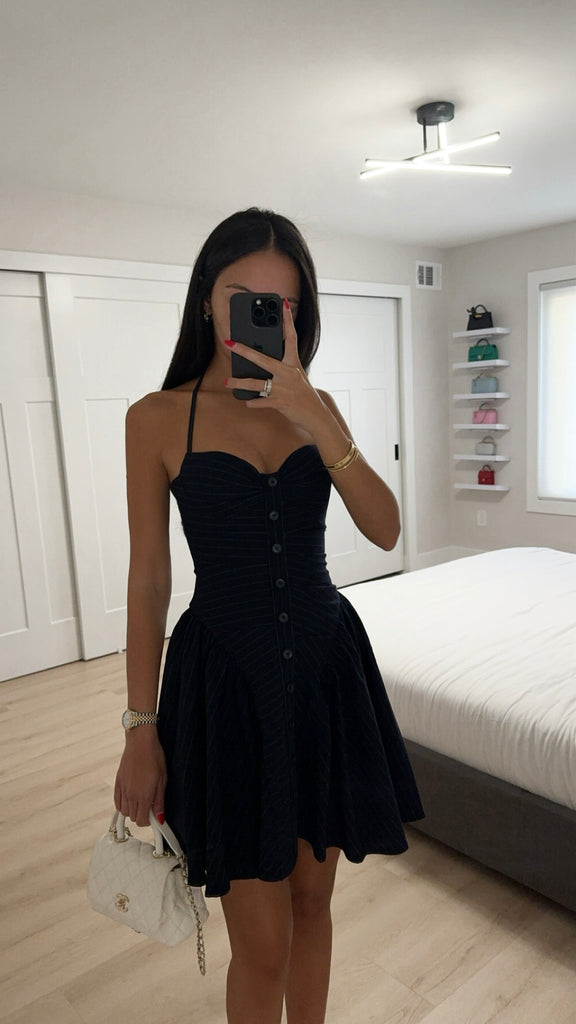 Melody Navy Print Pinstripe Waist Mini Dress XXS Melody Navy Print Pinstripe Waist Mini Dress XXS