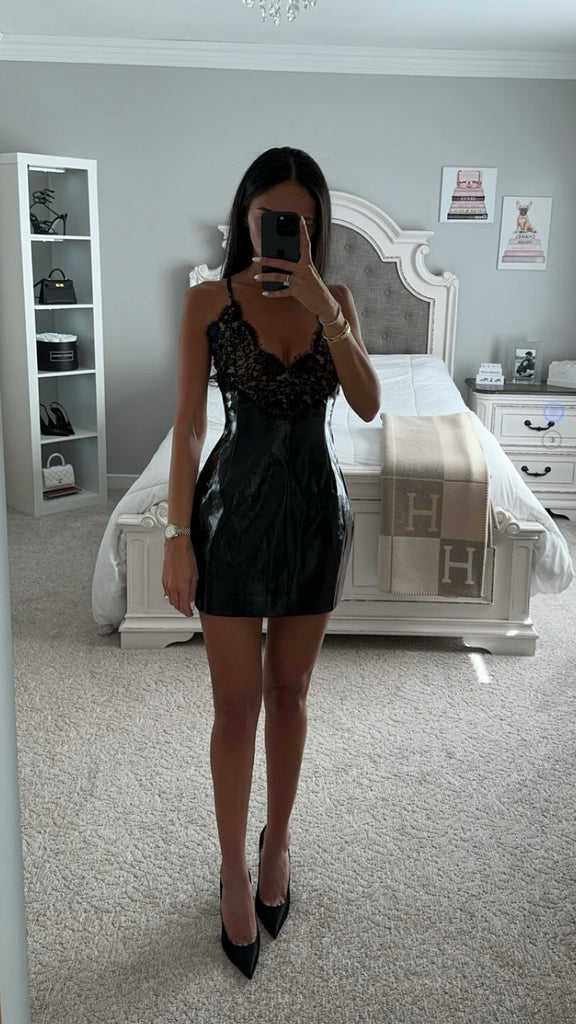 Shelby Black Vegan Leather Lace Mini Dress Large
