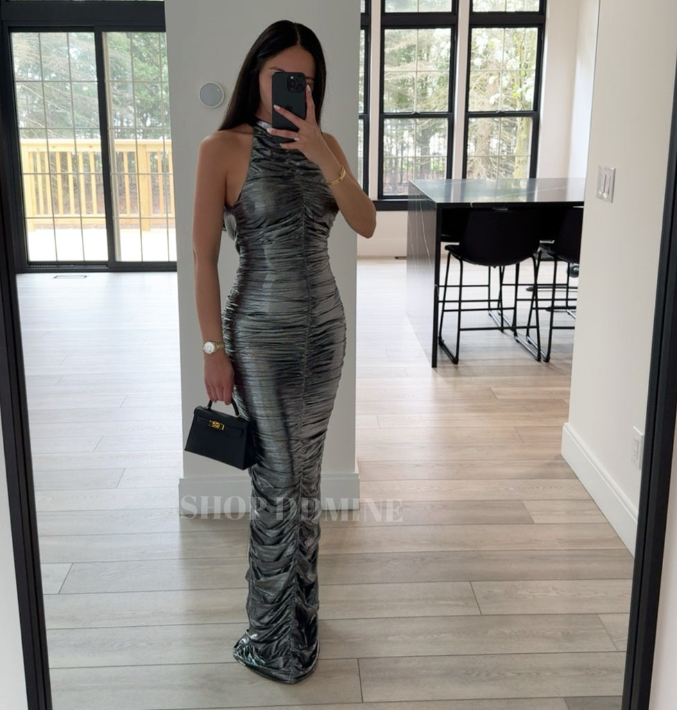 RUCHED SILVER GLITTER BACKLESS GOWN SHOP DDMINE RUCHED SILVER GLITTER BACKLESS GOWN SHOP DDMINE