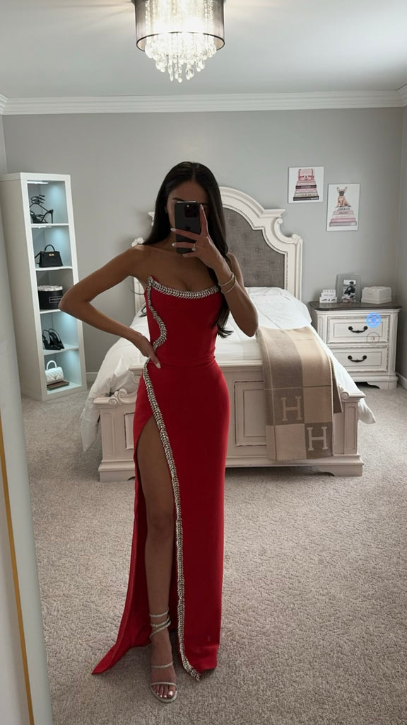 red crystal dress Xoana Red Crystal Embellished High Slit Gown