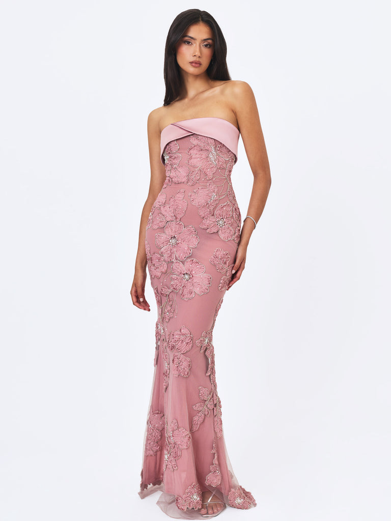 dusty pink embellished dress Clementinia Dusty Pink Sequin Embroidery Lace Beading Tulle Corset Maxi Dress