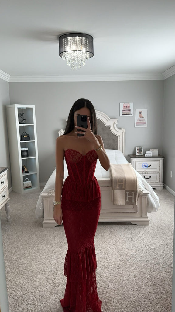 Quennell Burgundy Lace Corset Maxi Dress Quennell Burgundy Lace Corset Maxi Dress