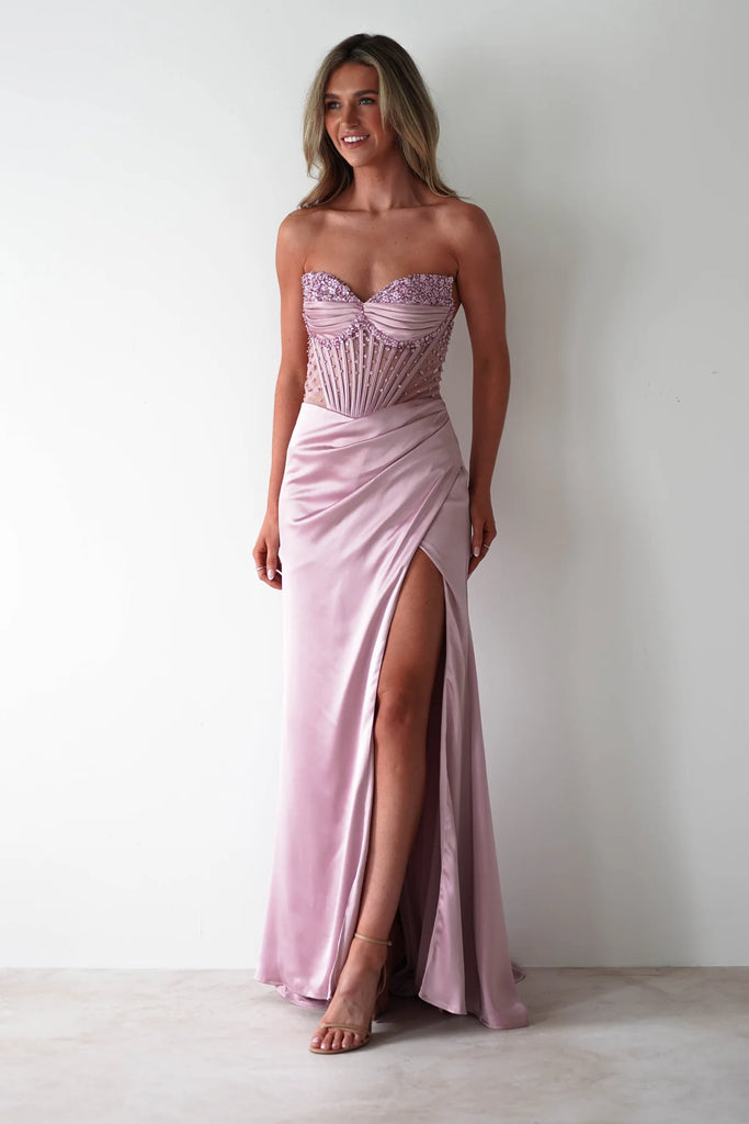 DUSTY ROSE DAISY EMBELLISHED SATIN CORSET GOWN SHOP DDMINE DUSTY ROSE DAISY EMBELLISHED SATIN CORSET GOWN SHOP DDMINE