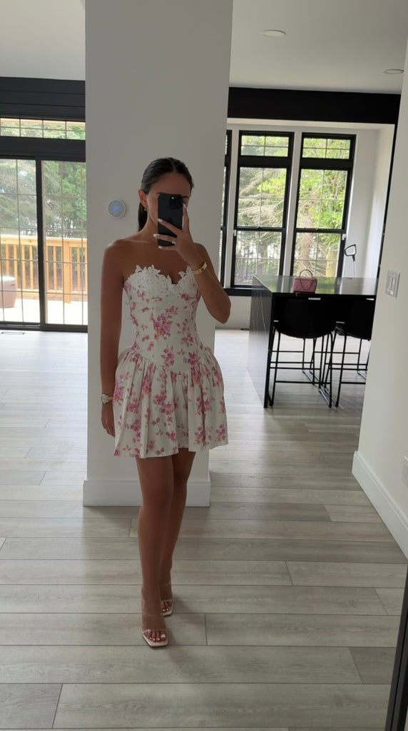 SAMARA FLORAL DROP WAIST LINEN CORSET PUFFY MINI DRESS XXS SAMARA FLORAL DROP WAIST LINEN CORSET PUFFY MINI DRESS XXS