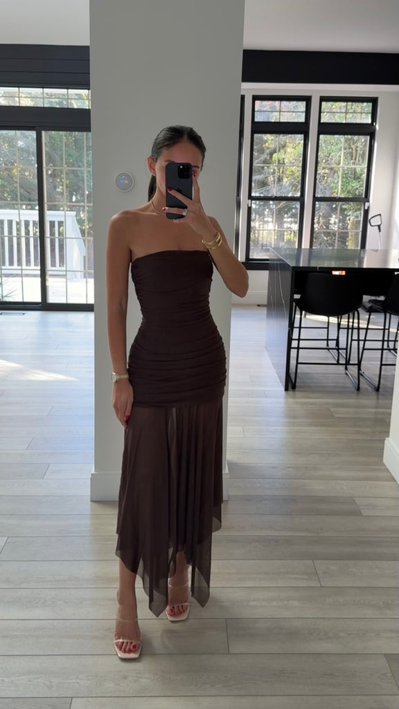knee length dresses for ladies Strapless Mesh Maxi Dress