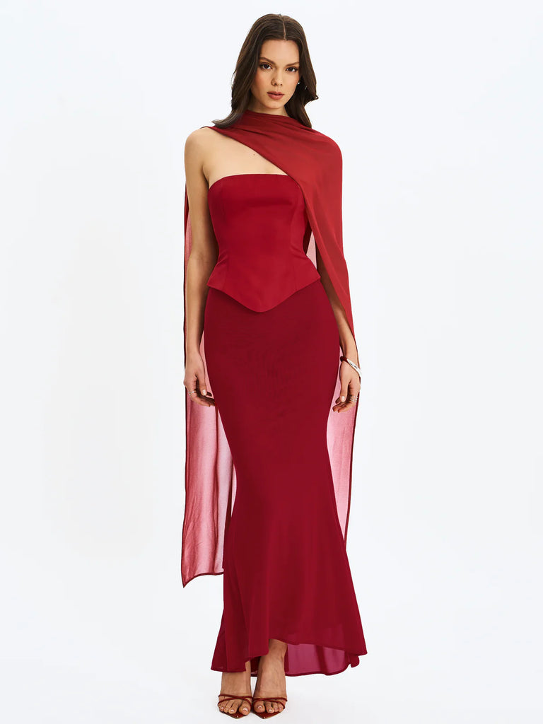 Giselle Crimson Peplum Mermaid Gown with Chiffon Scarf SHOP DDMINE Giselle Crimson Peplum Mermaid Gown with Chiffon Scarf SHOP DDMINE