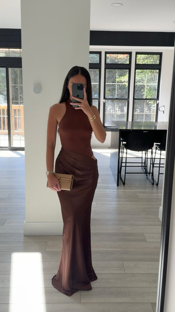 DROP WAIST HALTER MAXI DRESS Large / Brown DROP WAIST HALTER MAXI DRESS Large / Brown