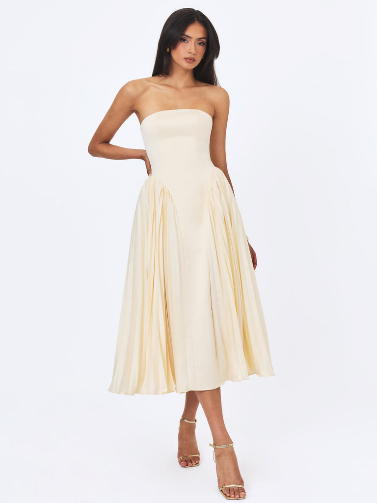 butter yellow satin midi dress Andie Butter Yellow Silky Midi Dress L
