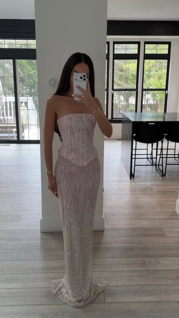 Tosca Beaded Blush Gradient Strapless Peplum Maxi Dress – SHOP DDMINE