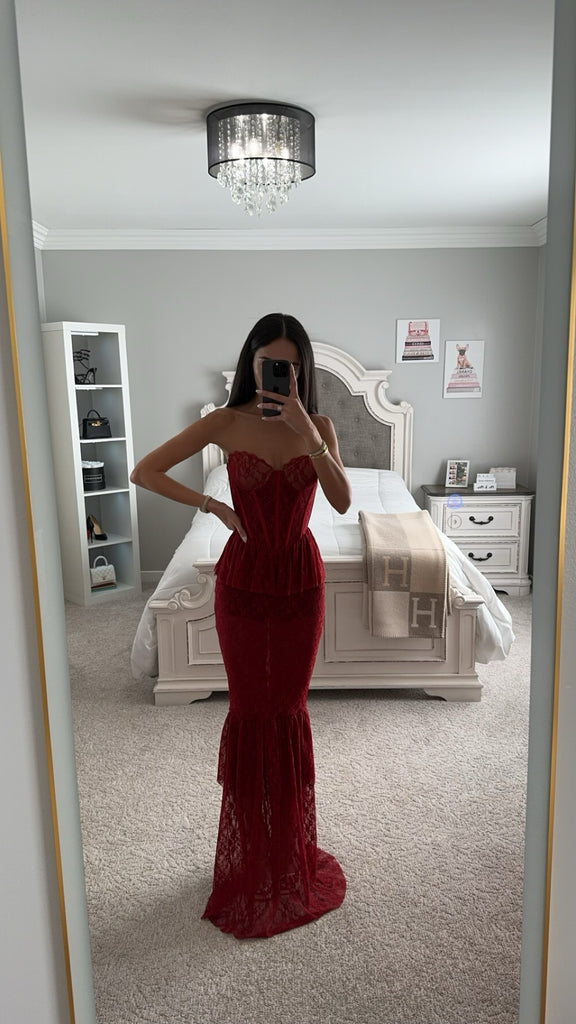 Quennell Burgundy Lace Corset Maxi Dress Quennell Burgundy Lace Corset Maxi Dress