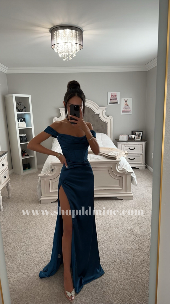 French NAVY SATIN OFF SHOULDER MAXI DRESS 14 / French NAVY