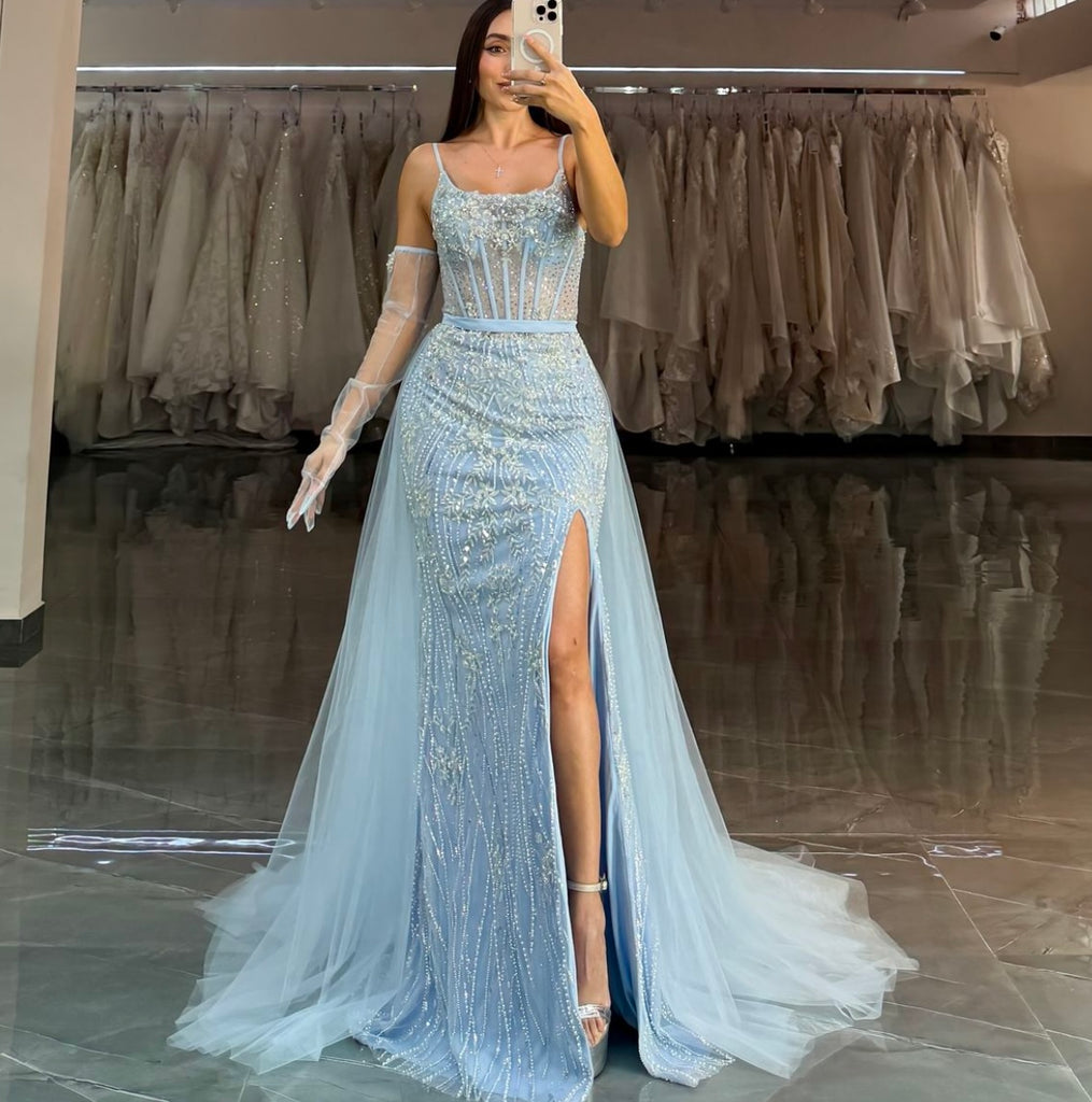 BEADED LIGHT BLUE GOWN & REMOVABLE TULLE OVERSKIRT BEADED LIGHT BLUE GOWN & REMOVABLE TULLE OVERSKIRT