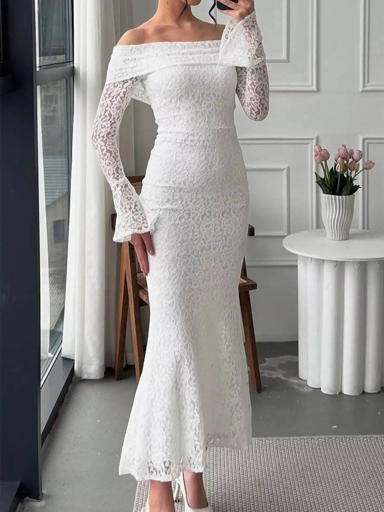 Off-Shoulder Lace Bodycon Maxi Dress SHOP DDMINE Off-Shoulder Lace Bodycon Maxi Dress SHOP DDMINE