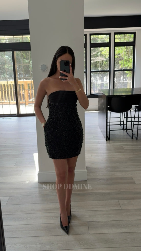 FAIRY Black SATIN SEQUIN PEARL BEADED MINI DRESS Large FAIRY Black SATIN SEQUIN PEARL BEADED MINI DRESS Large