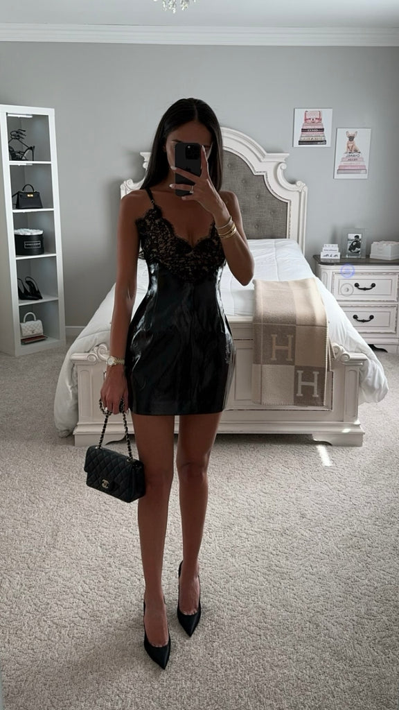 SHELBY BLACK VEGAN LEATHER LACE MINI DRESS SHELBY BLACK VEGAN LEATHER LACE MINI DRESS