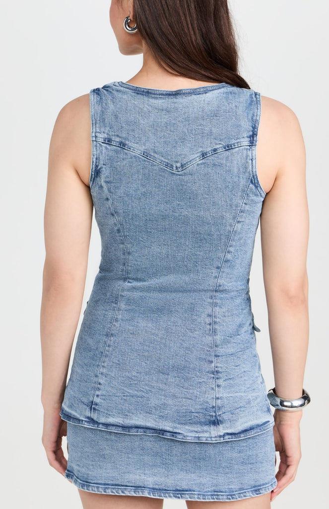 kya sleeveless romper mini dress Amanda Uprichard Kya Denim Skort Romper