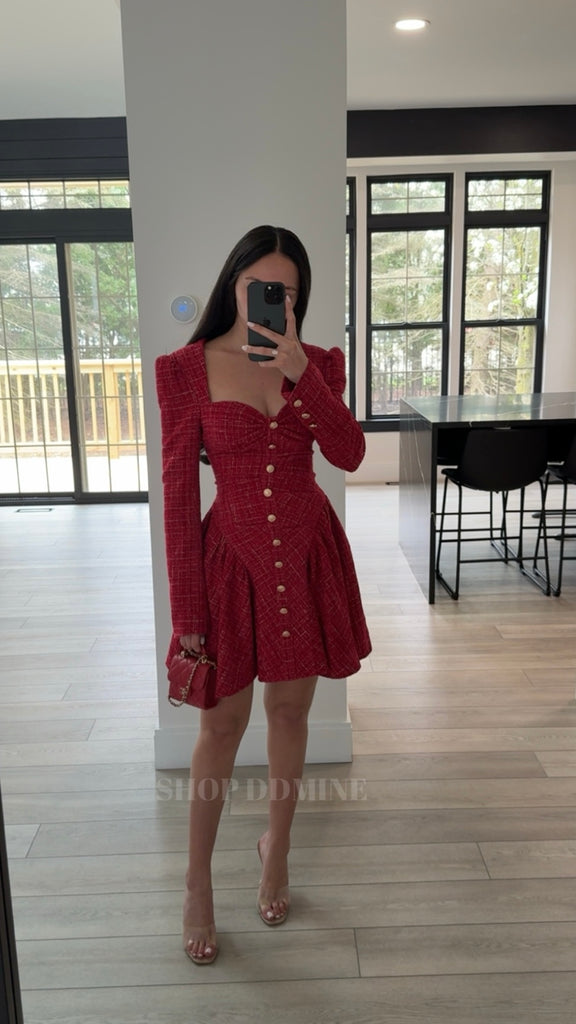 red tweed dress Wool with Detachable Tafetta Belt | V-Neckline and Back | Josephine Collection With or Without Silk Taffeta Belt V Ortensia Red Braided Pleated Tweed