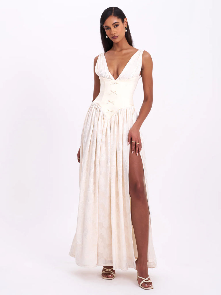 Sabrina Butter Yellow High Slit Jacquard Maxi Dress Sabrina Butter Yellow High Slit Jacquard Maxi Dress
