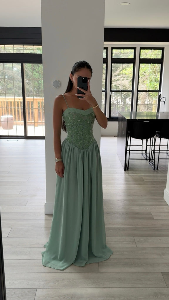 Ucille Sage Green Embroidered Chiffon Maxi Dress SHOP DDMINE Ucille Sage Green Embroidered Chiffon Maxi Dress SHOP DDMINE