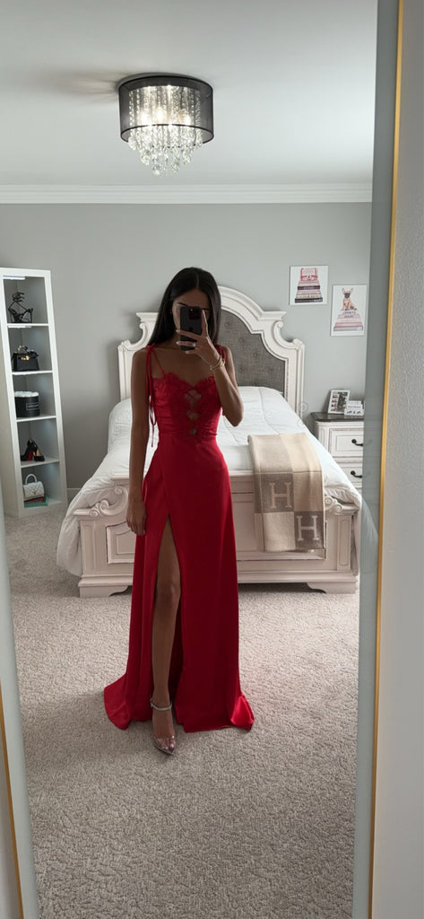 RUBY RED LACE UP HIGH SLIT SATIN DRESS As Shown / XS RUBY RED LACE UP HIGH SLIT SATIN DRESS As Shown / XS